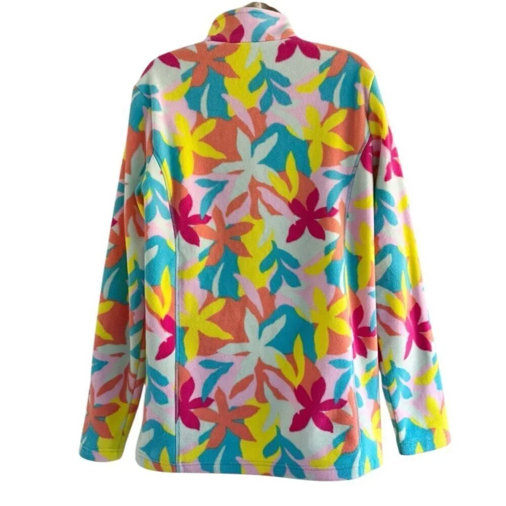Land's End Womens Sz M/T Starfish Multi Color Bright Fleece Quarter Zip Pullover